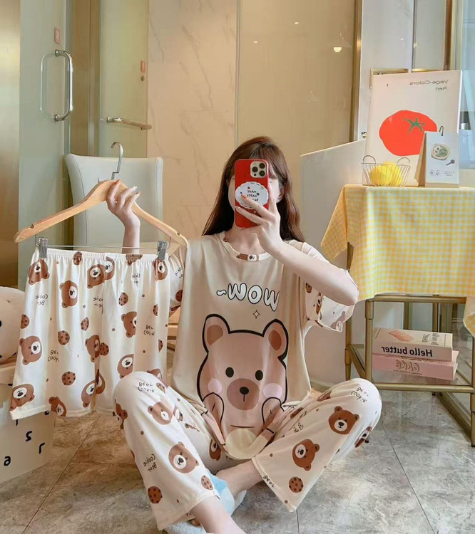 ست سهتکه دخترانه نخی وارداتی مدل طرح تدی، راحت و مناسب استایل روزمره