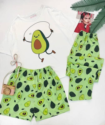 ست سهتیکه لباس راحتی زنانه شامل تیشرت، شلوار و شلوارک فانتزی با پارچه نرم و خنک، مناسب خانه و استایل روزمره