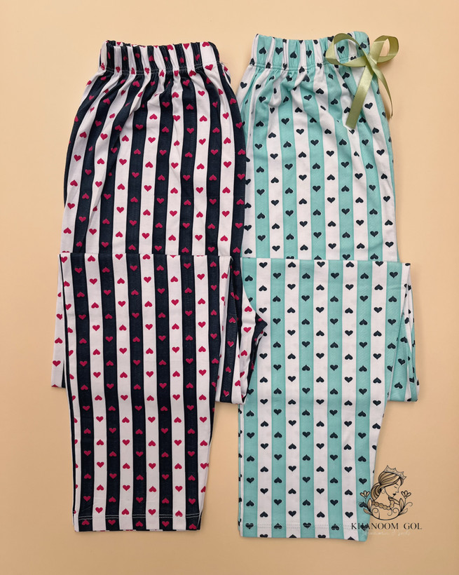 شلوار راسته زنانه طرح راهراه قلبی با جنس نخ پنبه نرم و خنک، مناسب سایز ۴۰ تا ۴۶ و رنگهای پاستلی