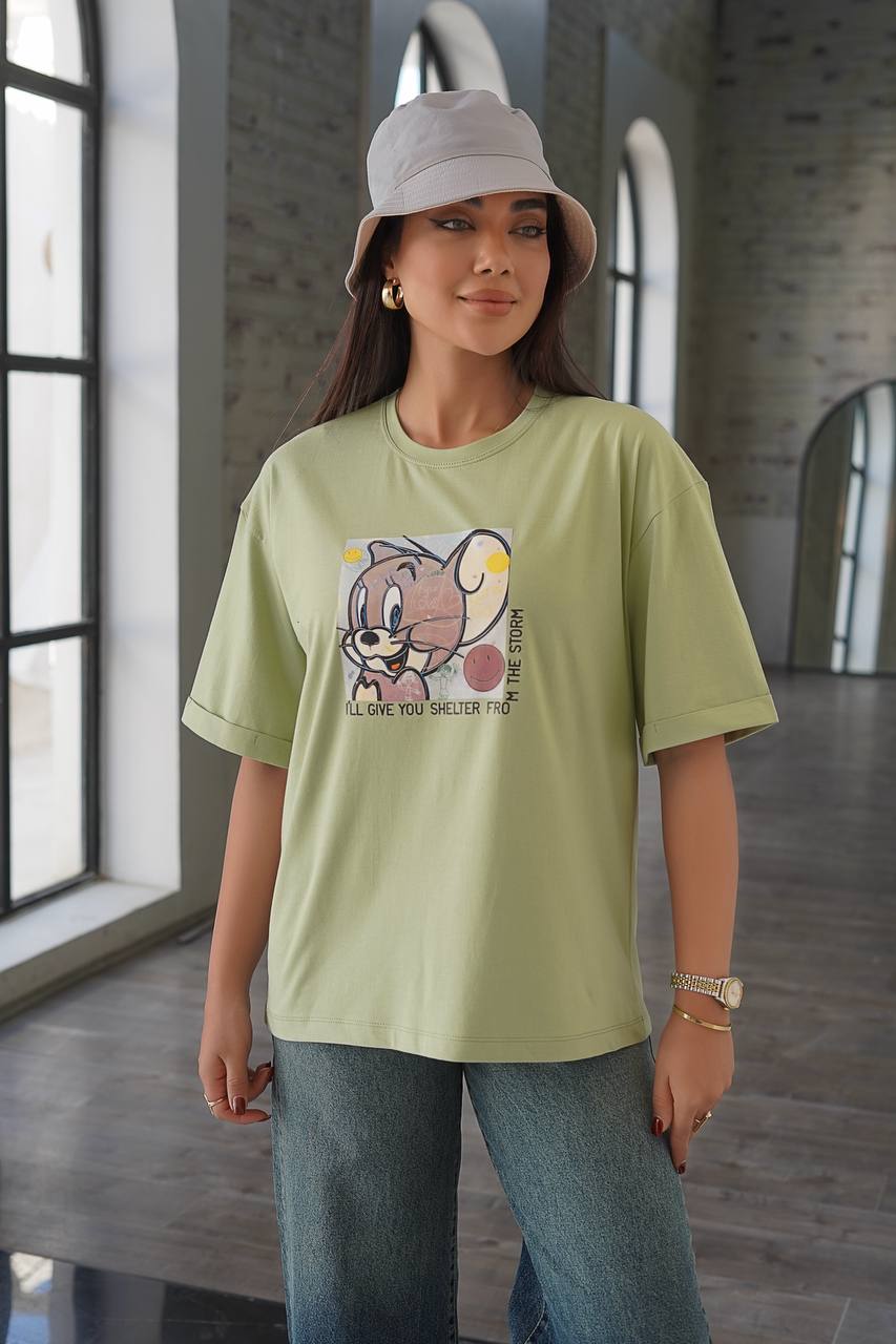 تیشرت زنانه مدل باکسی آستین پاکتی پنبه‌ای